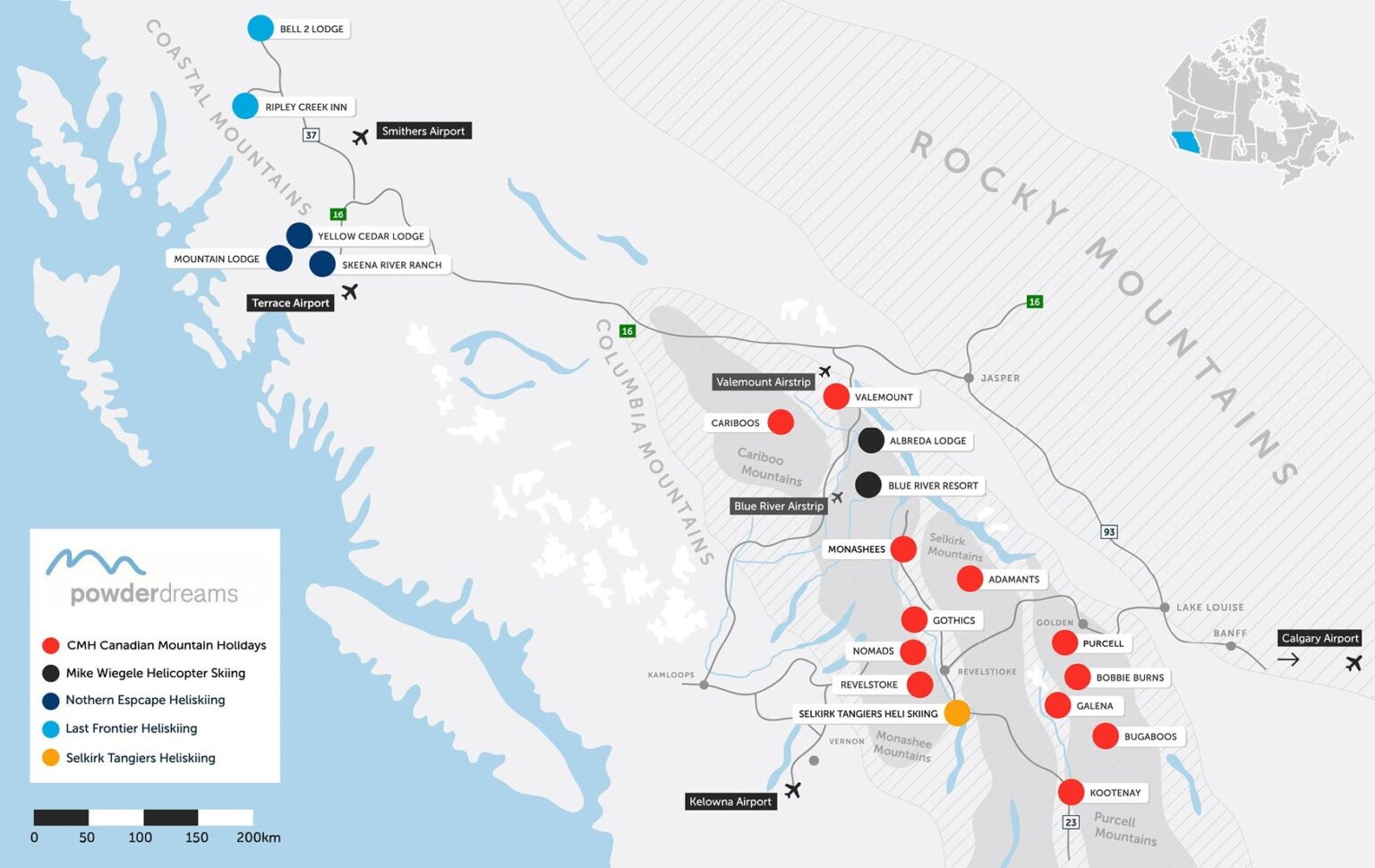 Landkarte mit Übersicht über Heliski-Anbieter in Kanada